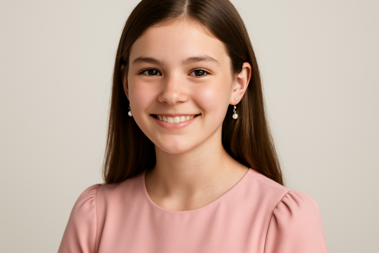 teenager in pink blouse with small pearl and crystal dangle earrings